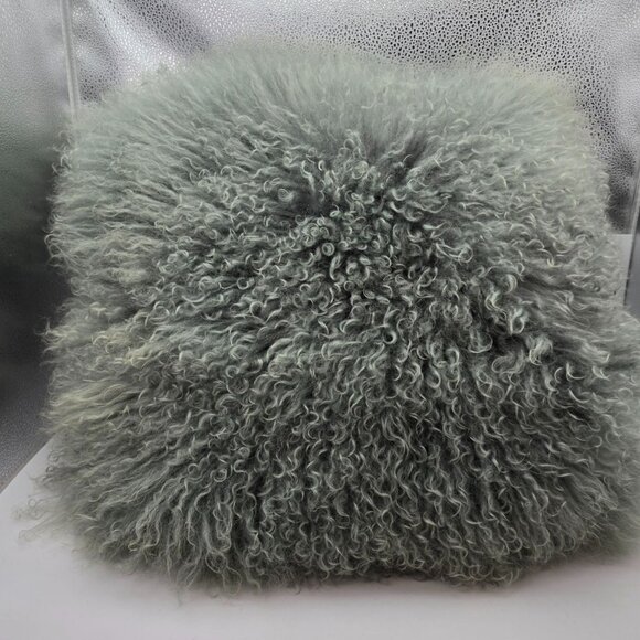 Tahari Wool Fur Fluffy Decorative Throw Pillow Light Green and Gray - Picture 3 of 12